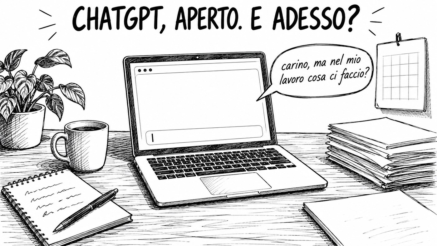 Schizzo di una scrivania con un portatile con ChatGPT aperto e il fumetto: carino, ma nel mio lavoro cosa ci faccio?