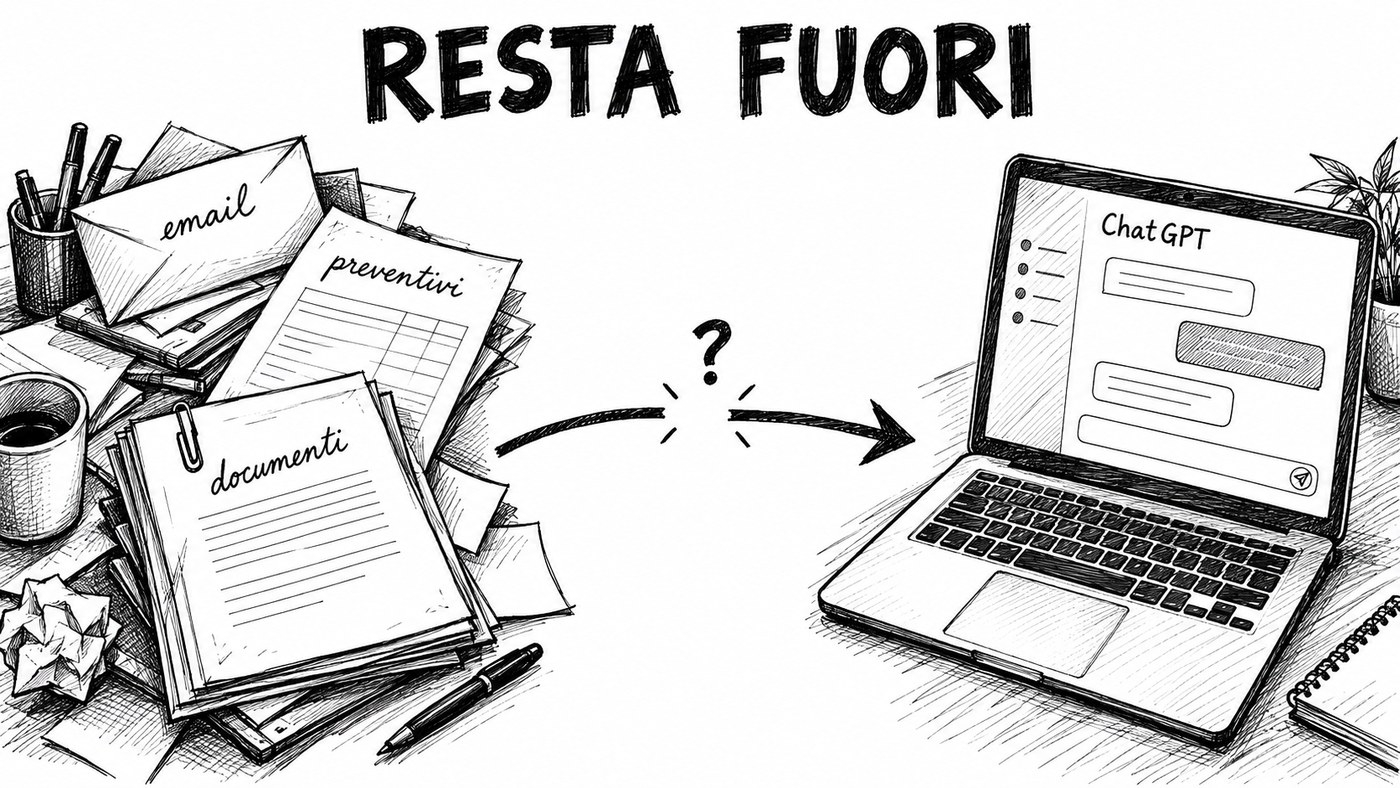 Schizzo: email, preventivi e documenti da una parte, ChatGPT dall'altra, con una freccia spezzata in mezzo